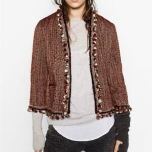 ZARA Pom Pom Tweed Red and Black Cropped Blazer Jacket Size M 🔖